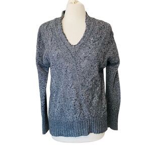 LOFT Cable Knit Sweater Large Gray Heather Chunky V-Neck Wool Blend Pullover